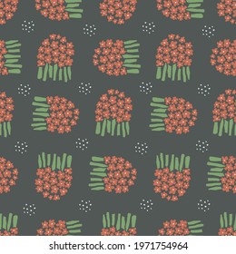 Vector hand drawn flower bouquet illustration motif seamless repeat pattern black background