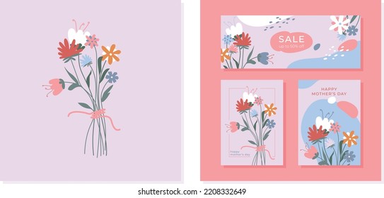 Vector hand drawn flower bouquet set. Spring sale banner and cards templates. 