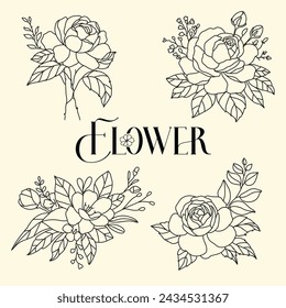 Vector handgezeichnete Blumenkollektion, florale Zweige und minimalistische Blätter für Logo oder Tattoo. Handgezeichnete Linie Hochzeit Kraut und Zweige Natur Doodles.