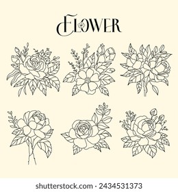 Vector handgezeichnete Blumenkollektion, florale Zweige und minimalistische Blätter für Logo oder Tattoo. Handgezeichnete Linie Hochzeit Kraut und Zweige Natur Doodles.