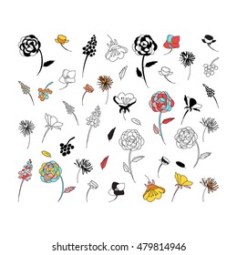 Vector dibujado a mano ilustración de flores. Conjunto de iconos de doodle de flores silvestres para su diseño