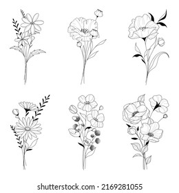 Vector hand drawn flower and leaf elements. Vintage flowers doodle collection design, template, wedding card, invitation, greeting card, poster, tattoo, postcard.