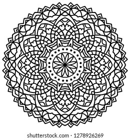 Vector hand drawn flower mandala, circular floral design element with black contour on white background