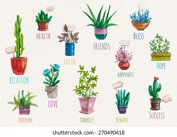 Vector hand drawn flower pots.Love home garden.Watercolor collection,gardening design elements,flower pots,leaves. Illustration for poster, postcard,invitations,wedding, birthday party,wish list