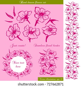 Vector hand drawn flower set. Linear sketch of the flower's elements, leaves, petals. Vector seamless floral border, floral frame with place for text.