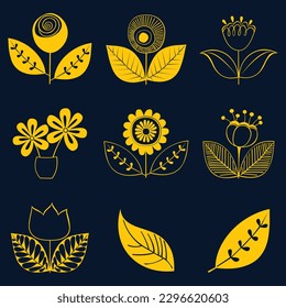 vector hand drawn flower silhouette set