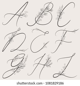 Vector Hand Drawn Flowered Alphabet monogram or logo. Uppercase Letters with Flowers and Branches. Handwritten Monogram Letter A, B, C, D, E, F, G, H, I. Floral Design