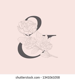 Vector Hand Drawn Flowered Ampersand monogram or logo. Uppercase Letter with Peony Flower. Wildflowers. Floral Design