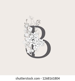 Vector Hand Drawn Flowered B monogram or logo. Uppercase Letter with Flowers and Branches. Wildflowers. Floral Design