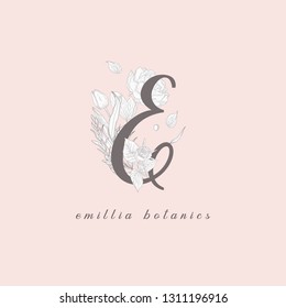 Vector Hand Drawn Flowered E monogram or logo concept. Uppercase Letter with Peony Rose Flowers and Branches. Wildflowers. Floral Design Branding