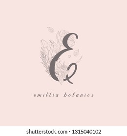 Vector Hand Drawn Flowered E monogram or logo concept. Uppercase Letter with Peony Rose Flowers and Branches. Wildflowers. Floral Design Branding