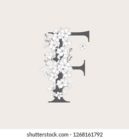 Vector Hand Drawn Flowered F monogram or logo. Uppercase Letter with Flowers and Branches. Wildflowers. Floral Design