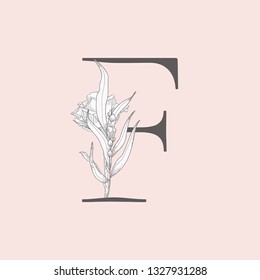 Vector Hand Drawn Flowered F monogram or logo. Uppercase Letter with Rose Flower. Wildflowers. Floral Design