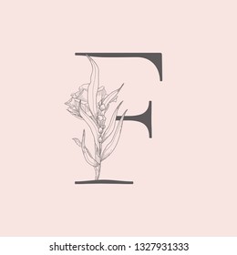 Vector Hand Drawn Flowered F monogram or logo. Uppercase Letter with Rose Flower. Wildflowers. Floral Design