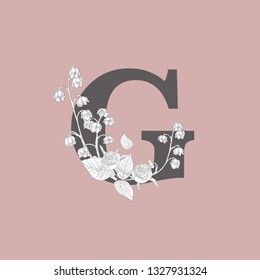 Vector Hand Drawn Flowered G monogram or logo. Uppercase Letter with Rose and May-Lily Flowers. Wildflowers. Floral Design