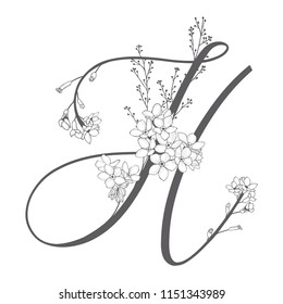 Vector Hand Drawn flowered H monogram or logo. Uppercase Letter H with Flowers and Branches. Wildflowers. Floral Design