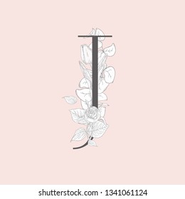 Vector Hand Drawn Flowered Initial J monogram or logo. Uppercase Letter with Tulip and Rose Flowers, Eucalyptus Branch. Wildflowers. Floral Design. Brand Identity