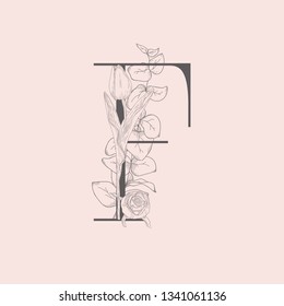 Vector Hand Drawn Flowered Initial F monogram or logo. Uppercase Letter with Tulip and Rose Flowers, Eucalyptus Branch. Wildflowers. Floral Design. Brand Identity