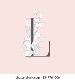 Vector Hand Drawn Flowered Initial L monogram or logo. Uppercase Letter with Tulip and Rose Flowers, Eucalyptus Branch. Wildflowers. Floral Design. Brand Identity