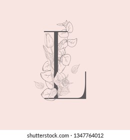 Vector Hand Drawn Flowered Initial L monogram or logo. Uppercase Letter with Tulip and Rose Flowers, Eucalyptus Branch. Wildflowers. Floral Design. Brand Identity