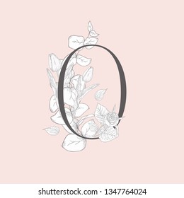 Vector Hand Drawn Flowered Initial O monogram or logo. Uppercase Letter with Tulip and Rose Flowers, Eucalyptus Branch. Wildflowers. Floral Design. Brand Identity