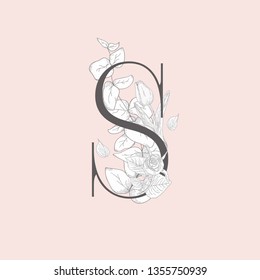 Vector Hand Drawn Flowered Initial S monogram or logo. Uppercase Letter with Tulip and Rose Flowers, Eucalyptus Branch. Wildflowers. Floral Design. Brand Identity