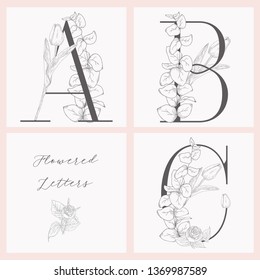 Vector Hand Drawn Flowered Initial A, B, C monograms or logs. Uppercase Letters with Tulip and Rose Flowers, Eucalyptus Branch. Wildflowers. Floral Design. Brand Identity