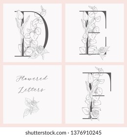 Vector Hand Drawn Flowered Initial D, E, F monograms or logs. Uppercase Letters with Tulip and Rose Flowers, Eucalyptus Branch. Wildflowers. Floral Design. Brand Identity