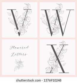 Vector Hand Drawn Flowered Initial V, W, X monograms or logs. Uppercase Letters with Tulip and Rose Flowers, Eucalyptus Branch. Wildflowers. Floral Design. Brand Identity