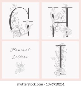 Vector Hand Drawn Flowered Initial G, H, I monograms or logs. Uppercase Letters with Tulip and Rose Flowers, Eucalyptus Branch. Wildflowers. Floral Design. Brand Identity