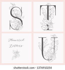 Vector Hand Drawn Flowered Initial S, T, U monograms or logs. Uppercase Letters with Tulip and Rose Flowers, Eucalyptus Branch. Wildflowers. Floral Design. Brand Identity