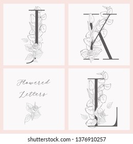 Monogramas o troncos iniciales girados a mano del vector J, K, L. Letras en mayúscula con flores de tulipán y rosa, rama de eucalipto. Flores silvestres. Diseño Floral. Identidad de marca