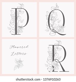 Vector Hand Drawn Flowered Initial P, Q, R monograms or logs. Uppercase Letters with Tulip and Rose Flowers, Eucalyptus Branch. Wildflowers. Floral Design. Brand Identity