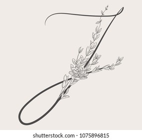 Vector Hand Drawn Flowered J monogram or logo. Uppercase Letter J with Flowers and Branches. Handwritten Monogram Letter. Floral Design