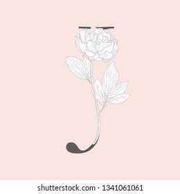 Vector Hand Drawn Flowered J monogram or logo. Uppercase Letter with Peony Flower. Wildflowers. Floral Design