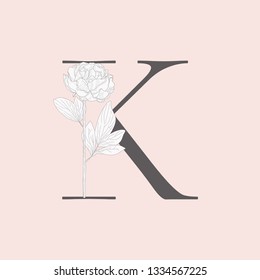 Vector Hand Drawn Flowered K monogram or logo. Uppercase Letter with Peony Flower. Wildflowers. Floral Design