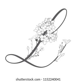 Vector Hand Drawn flowered L monogram or logo. Uppercase Letter L with Flowers and Branches. Wildflowers. Floral Design