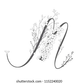 Vector Hand Drawn flowered M monogram or logo. Uppercase Letter M with Flowers and Branches. Wildflowers. Floral Design
