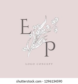 Vector Hand Drawn Flowered monograms or logo concept. Uppercase Letters E, P with Flowers and Branches. Lily of the valley. Floral Design Branding