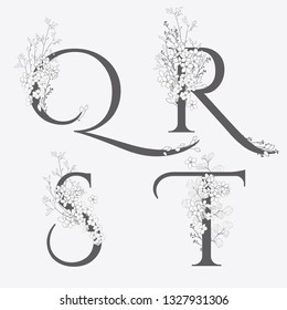 Vector Hand Drawn Flowered monograms or logos. Uppercase Letters Q, R, S, T with Flowers and Branches. Wildflowers. Floral Design