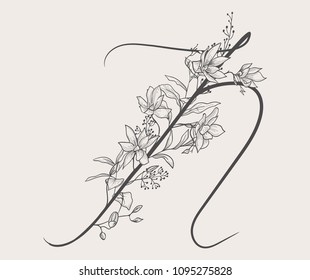 Vector Hand Drawn Flowered N monogram or logo. Uppercase Letter N with Flowers and Branches. Handwritten Monogram Letter. Floral Design