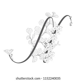 Vector Hand Drawn flowered N monogram or logo. Uppercase Letter N with Flowers and Branches. Wildflowers. Floral Design