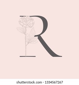 Vector Hand Drawn Flowered R Monogram Or Logo. Uppercase Letter With Peony Flower. Wildflowers. Floral Design