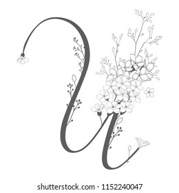 Vector Hand Drawn flowered U monogram or logo. Uppercase Letter U with Flowers and Branches. Wildflowers. Floral Design