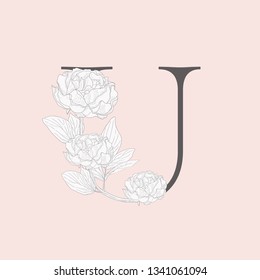 Vector Hand Drawn Flowered U monogram or logo. Uppercase Letter with Peony Flower. Wildflowers. Floral Design