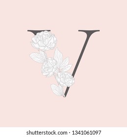 Vector Hand Drawn Flowered V monogram or logo. Uppercase Letter with Peony Flower. Wildflowers. Floral Design