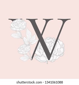 Vector Hand Drawn Flowered W monogram or logo. Uppercase Letter with Peony Flower. Wildflowers. Floral Design