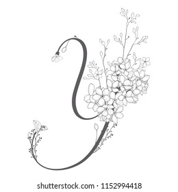 Vector Hand Drawn flowered Y monogram or logo. Uppercase Letter Y with Flowers and Branches. Wildflowers. Floral Design