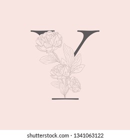 Vector Hand Drawn Flowered Y monogram or logo. Uppercase Letter with Peony Flower. Wildflowers. Floral Design. Brand identity