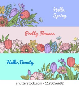 Vector hand drawn flowers collection of web banner or poster templates illustration
